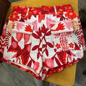FARM Rio Red and White Cargo Shorts Vibrant Floral Design